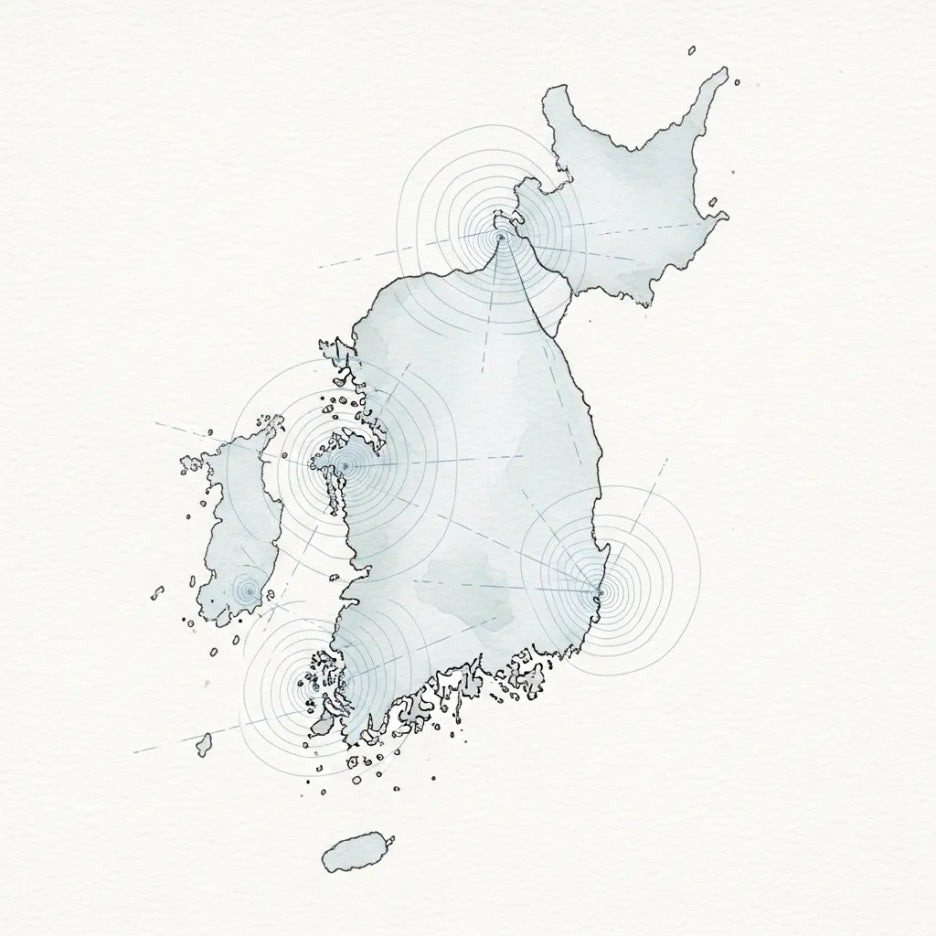 한국 지도에 지진 활동이 표시된 모습