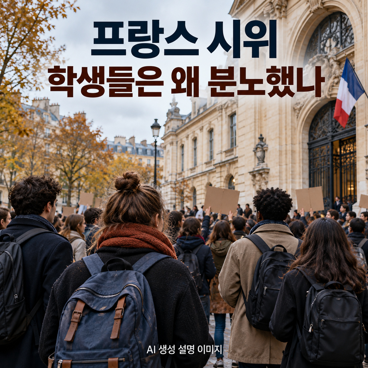 프랑스 학교 앞에서 배낭을 멘 청년들이 평화적으로 모여 있는 모습을 표현한 AI 생성 이미지