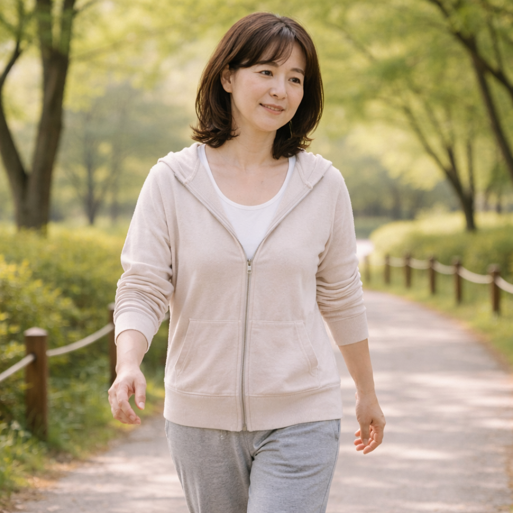 콜레스테롤 관리를 위해 공원에서 걷기 운동하는 성인의 모습