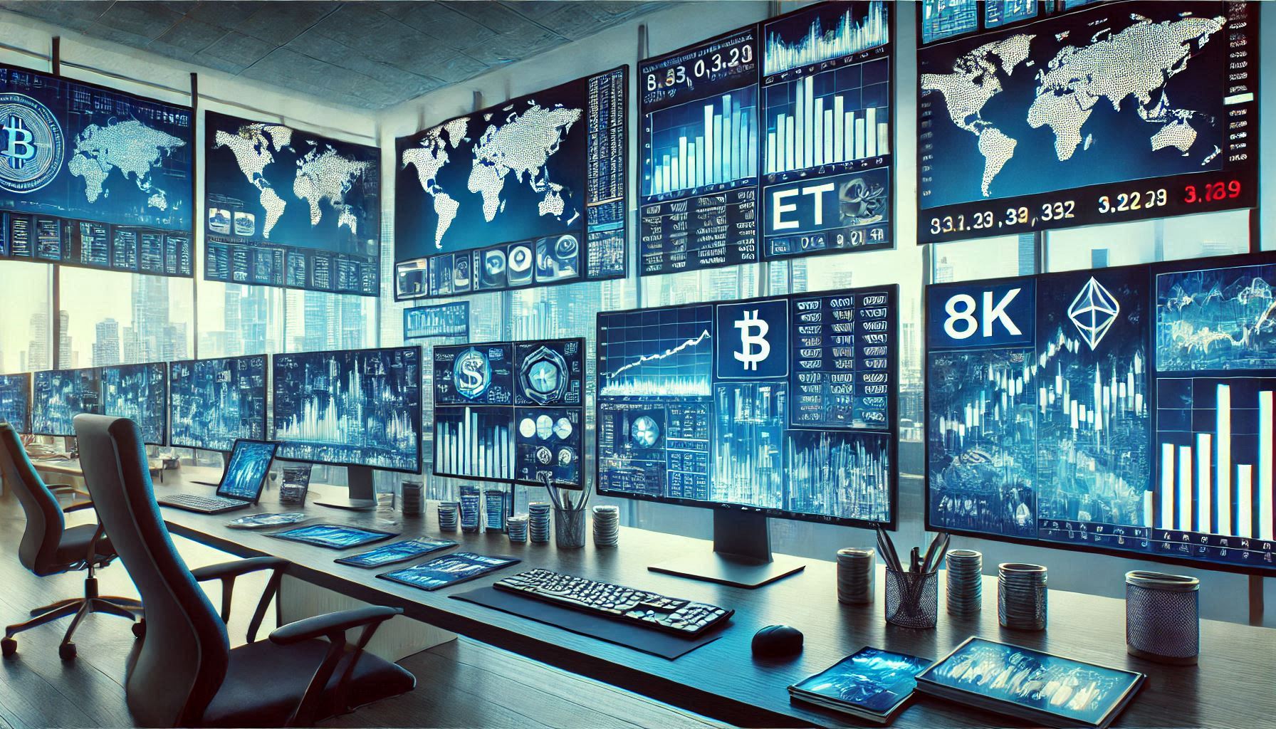 나스닥 ETF 거래를 위한 현대적인 트레이딩 데스크 환경. 다수의 모니터에 ETF 차트와 거래 플랫폼이 표시된 전문 투자 워크스테이션