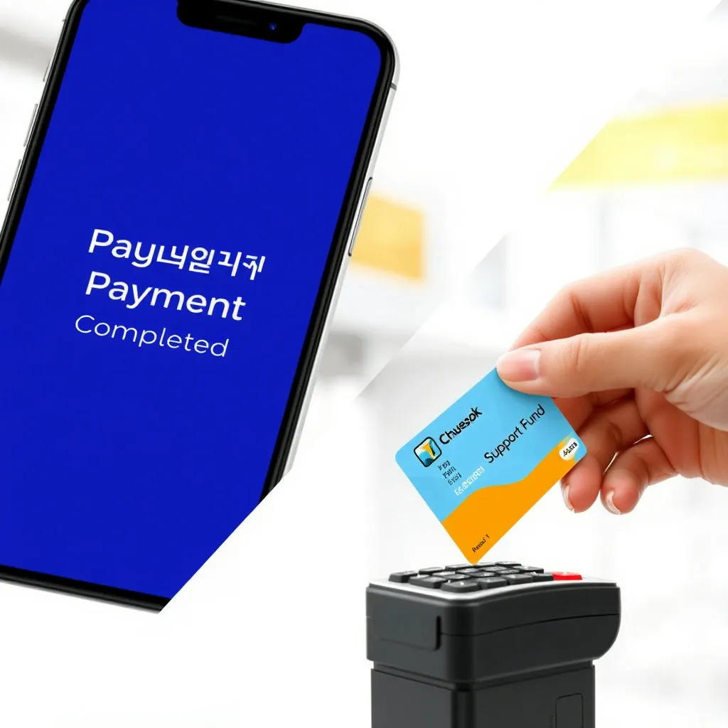 깔끔한 디자인의 스마트폰 화면에 '추석 지원금 결제 완료' 문구가 뜨거나, 지원금 카드가 카드 리더기에 삽입되는 장면이 손과 함께 클로즈업됩니다. 배경은 밝고 모던한 느낌으로, 쉽고 빠르게 지원금을 이용하는 편리함을 강조합니다.
