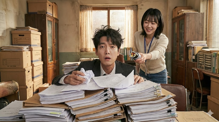 강다윗(정경호)이 산더미처럼 쌓인 서류 더미 속에 파묻혀 넋이 나간 표정을 짓고 있고, 그 뒤에서 박기쁨(소주연)이 해맑게 김밥 한 줄을 건네는 장면