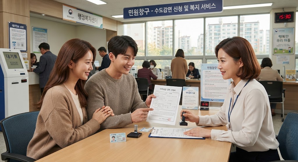 주민센터 방문해서 수도요금 감면 신청하는 모습