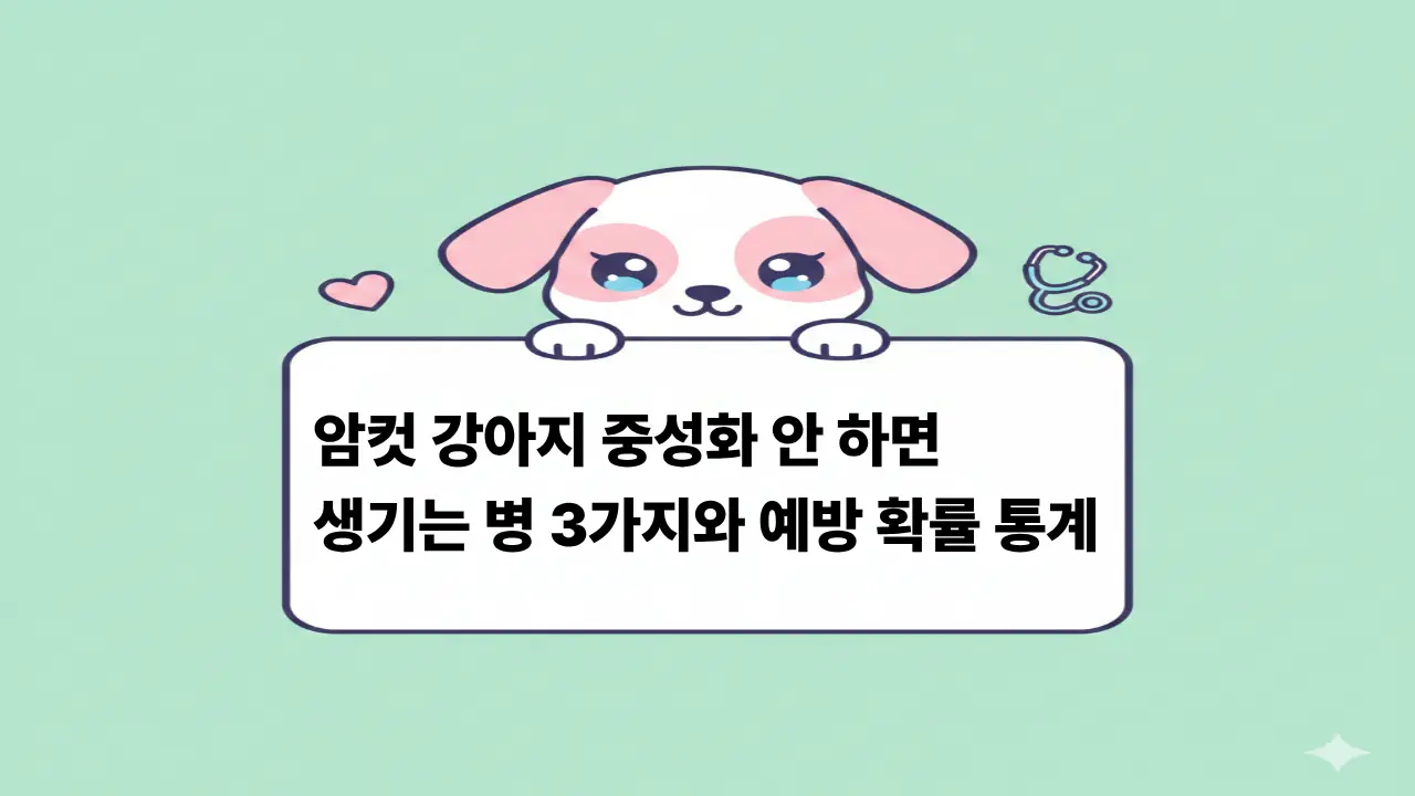암컷 강아지 중성화 수술 필요성과 질병 예방 통계를 설명하는 귀여운 강아지 캐릭터 일러스트 이미지