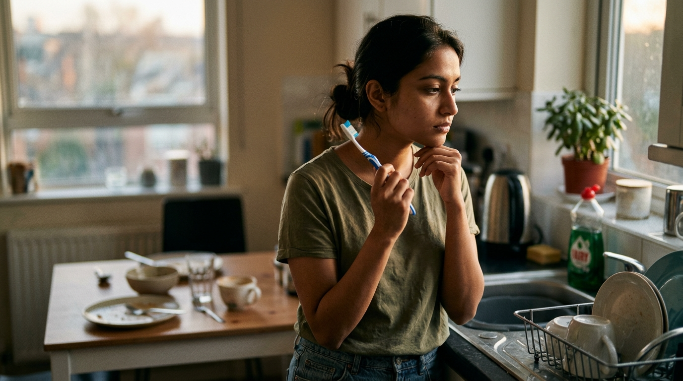 칫솔을 들고 언제 이를 닦을까? 고민하는 여성