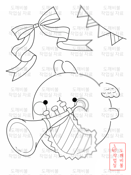 나팔 몰랑이 색칠공부도안-리본과 삼각가랜드를 배경으로 나팔부는 몰랑이 그림