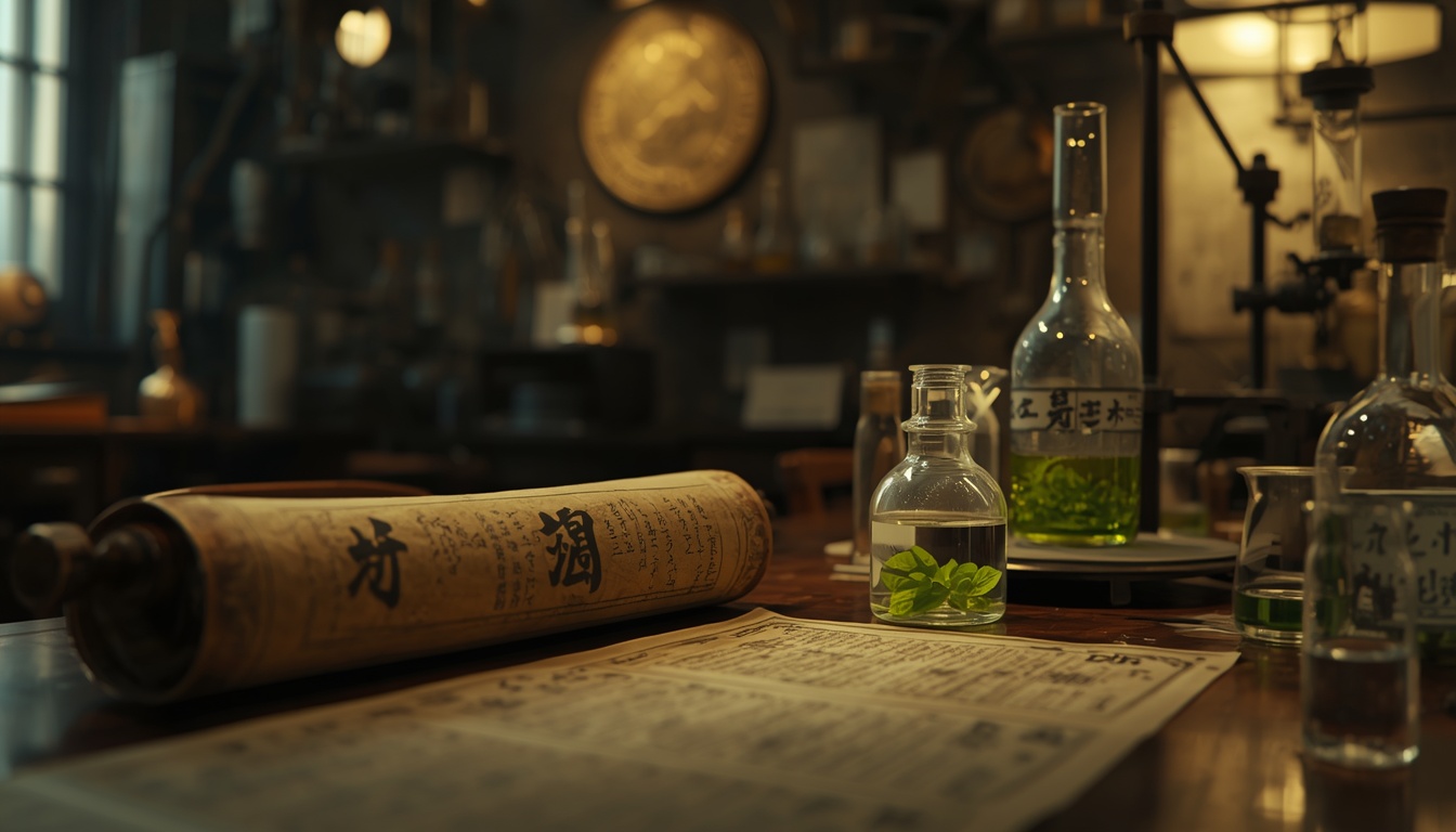 Ancient herbal medical scrolls and laboratory glassware showing the historical extraction and discovery of Artemisinin for the Nobel Prize