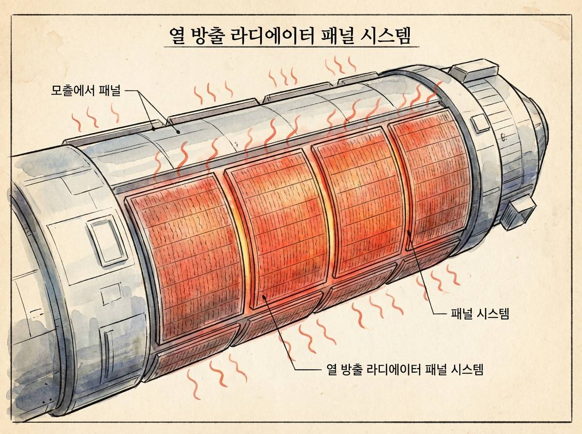 우주선 표면에 장착된 거대한 라디에이터 패널이 열을 방출하며 붉게 빛나는 과학적 도해