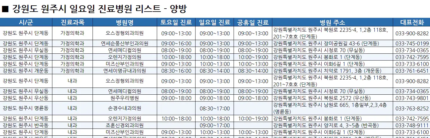 원주시-일요일-진료병원-리스트-예시