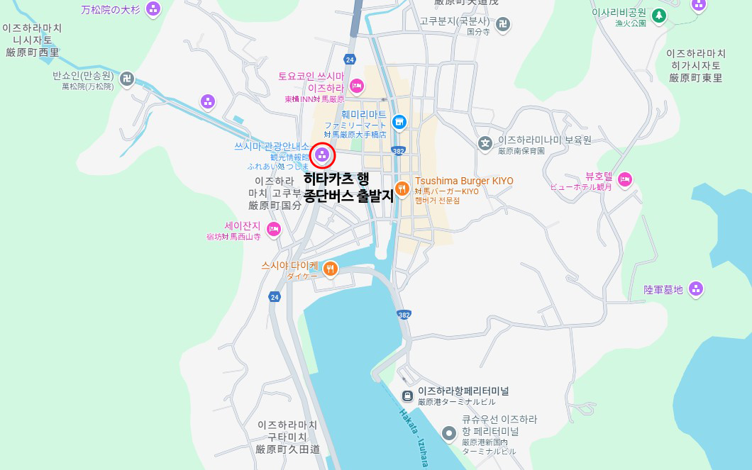 이즈하라 항 주변지도와 종단버스 출발지