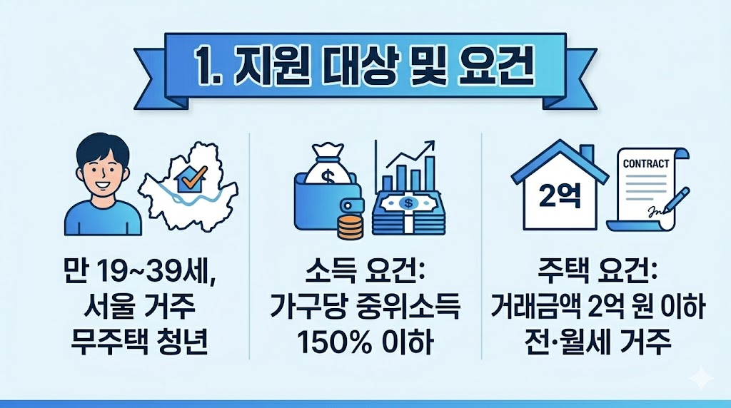 서울시 청년 부동산 중개보수 및 이사비 지원 대상 자격 요건 안내. 만 19세에서 39세 서울 거주 무주택 청년, 가구당 중위소득 150% 이하, 거래금액 2억 원 이하 전월세 거주 조건을 설명하는 인포그래픽.