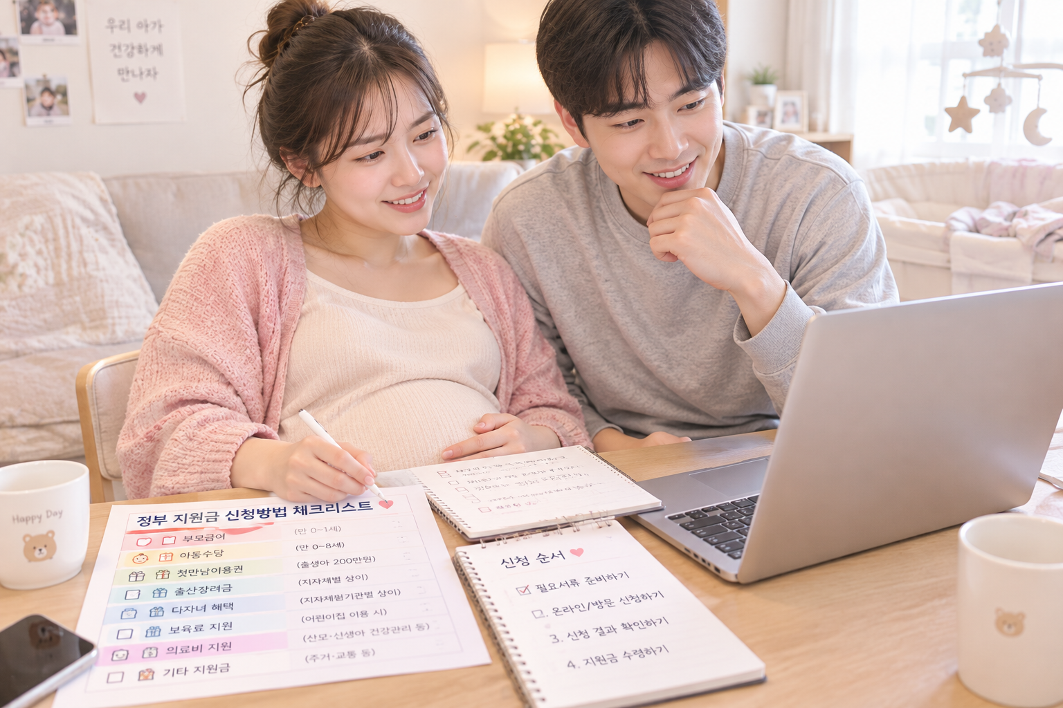 출산을 앞 둔 산모가 체크리스트를 가지고 지원금 신청 준비하는 모습