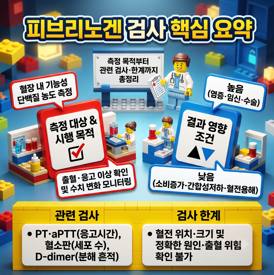 피브리노겐 검사 핵심 요약, 측정 목적, 수치 변동 조건, 관련 검사 및 한계점을 총정리한 1:1 비율 3D 레고 포토그래피