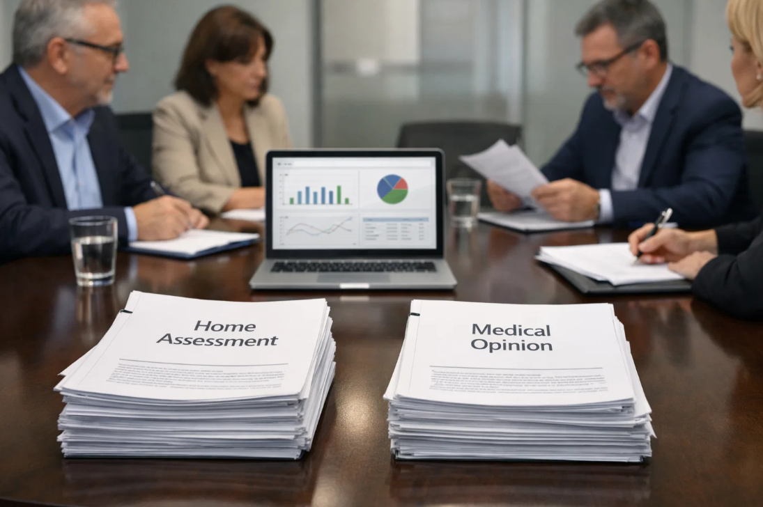 장기요양등급 판정을 위해 조사 결과와 의사소견서를 검토하는 위원회 회의