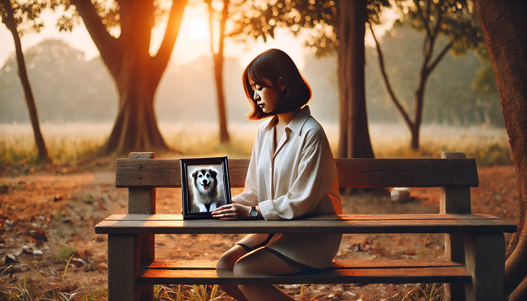 반려견 사진을 바라보는 보호자