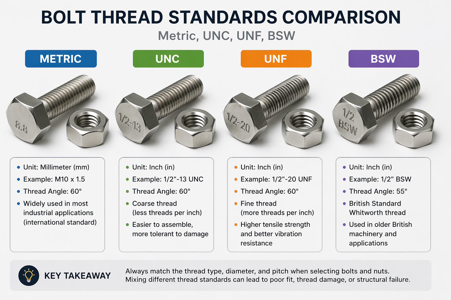 볼트 나사산 규격 비교 &ndash; Metric, UNC, UNF, BSW 차이와 선택 기준