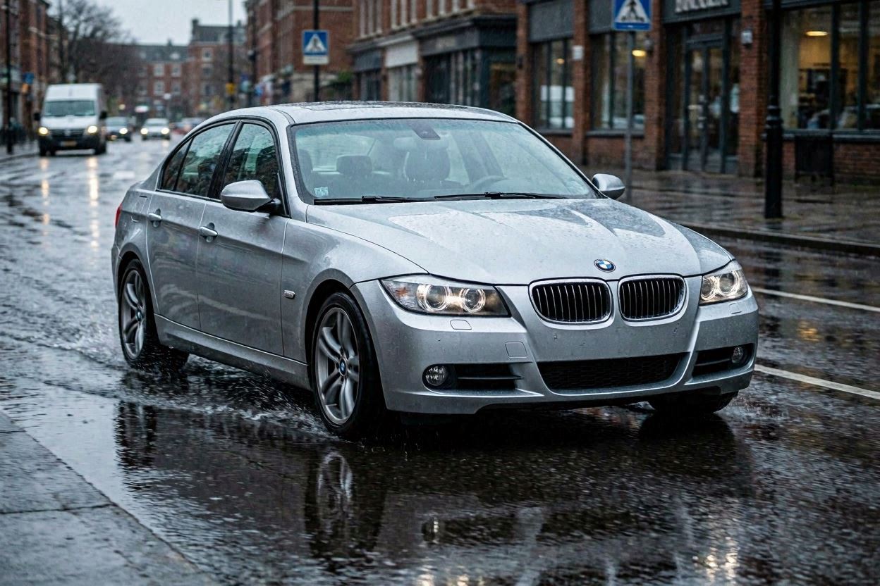비오는 거리를 달리는 BMW 5세대 E90차량의 이미지