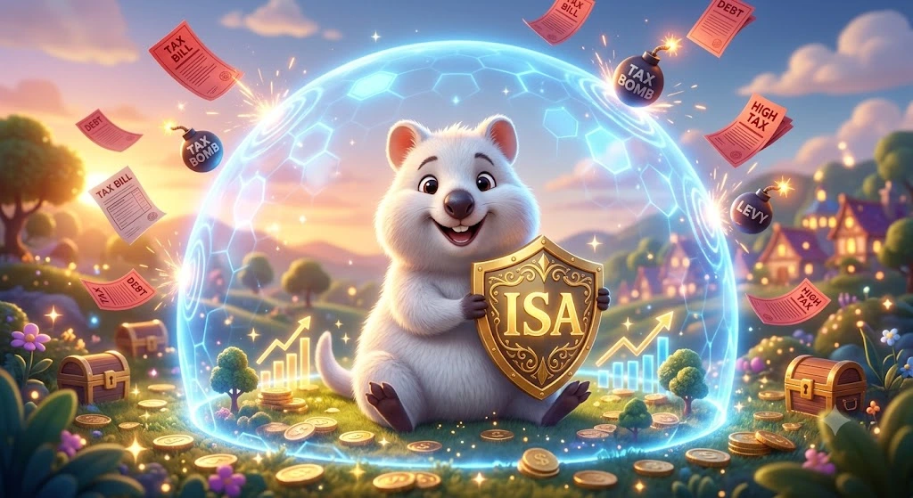 건보료 산정 소득에서 제외되는 만능 절세 통장인 ISA 계좌와 연금저축펀드를 든든한 방패로 활용하여 건강보험료 폭탄을 안전하게 튕겨내고 여유롭게 배당 투자를 이어가는 스마트한 백쿼카 이미지.
