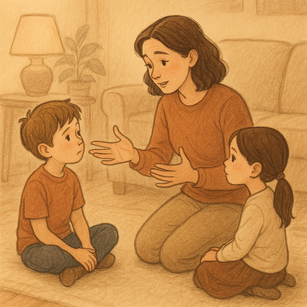 부모가 아이들에게 눈높이를 맞춰 공감 대화를 나누는 장면