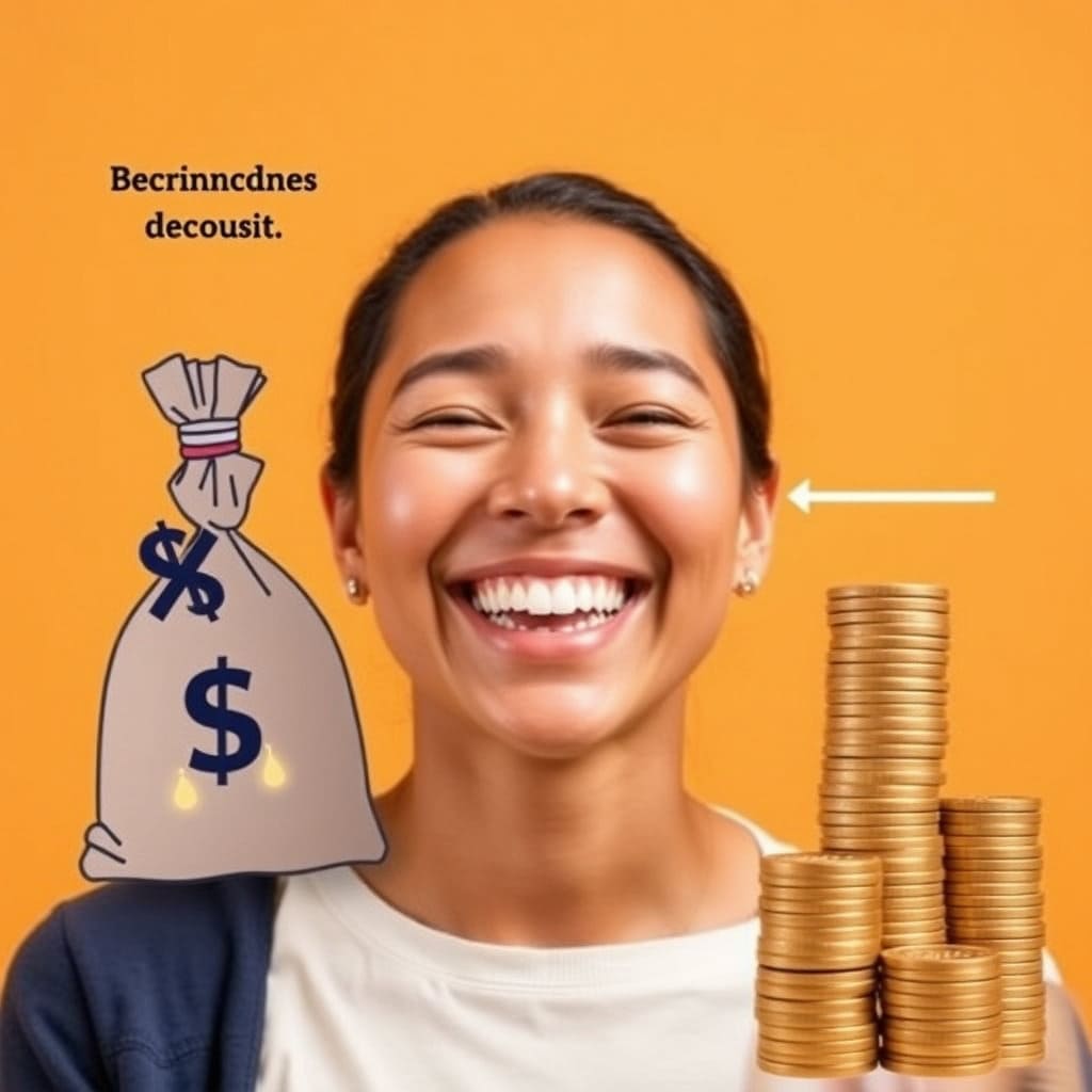 밝게 웃고 있는 사람과 함께, 전세금 액수가 줄어들거나 저렴한 임대료를 상징하는 이미지를 넣어주세요. 예를 들어, 부담스러운 금액의 전세금이 가벼워지는 모습이나, 저축된 돈이 쌓이는 그림 등을 함께 배치하여 경제적인 안정감을 표현합니다.