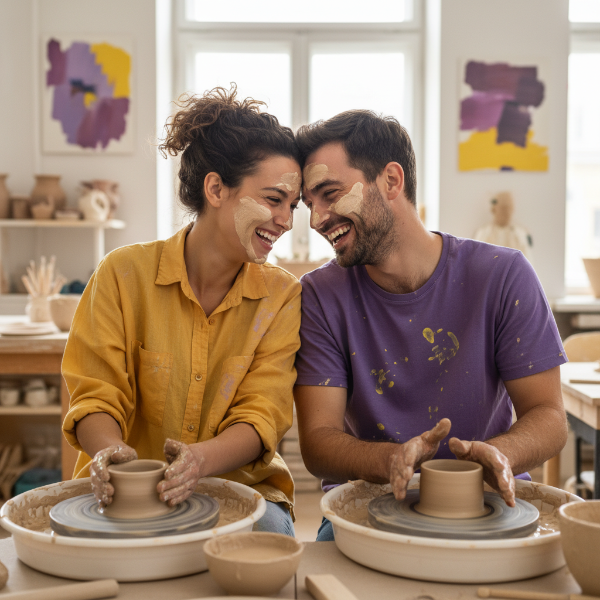 도예 공방에서 함께 커플 그릇을 만들며 즐겁게 웃고 있는 남녀 커플의 모습. 새로운 경험을 통해 유대감을 쌓고 관계의 활력을 되찾는 순간을 보여줍니다.