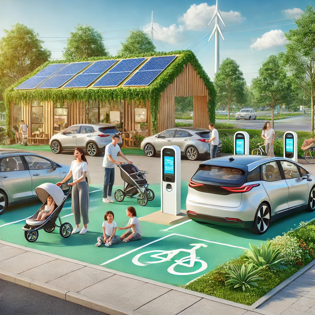 친환경 커뮤니티 차량 공유 허브에서 가족과 개인들이 차량을 이용하는 모습. 태양광 충전소가 설치된 청정하고 혁신적인 환경이 강조됨