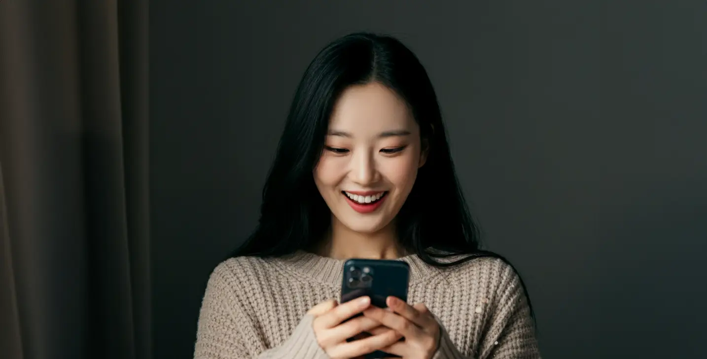 스마트폰을 보면서 기뻐하는 여성