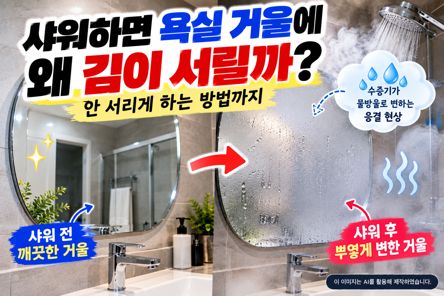 샤워 후 욕실 거울에 김이 서리는 이유와 수증기 응결 현상 및 김서림 방지 방법