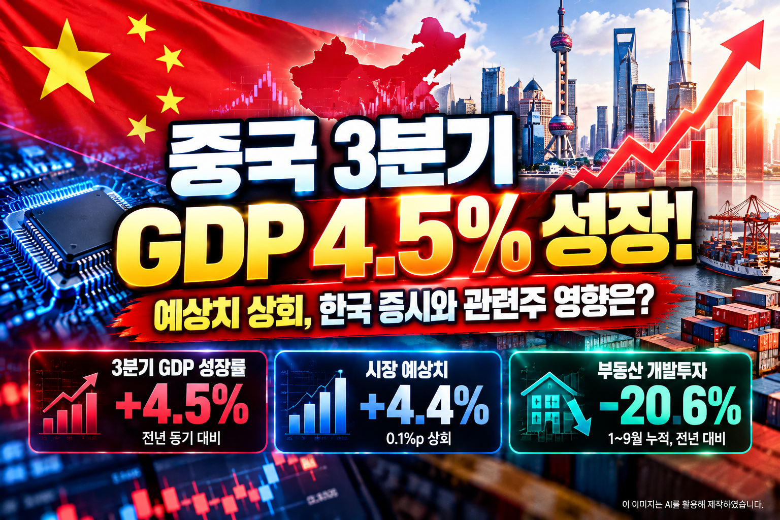 2026년 중국 3분기 GDP 성장률 4.5% 발표, 시장 예상치 4.4% 상회와 부동산 개발투자 20.6% 감소, 한국 증시 및 반도체·철강·화학 관련주에 미치는 영향을 분석한 대표 이미지
