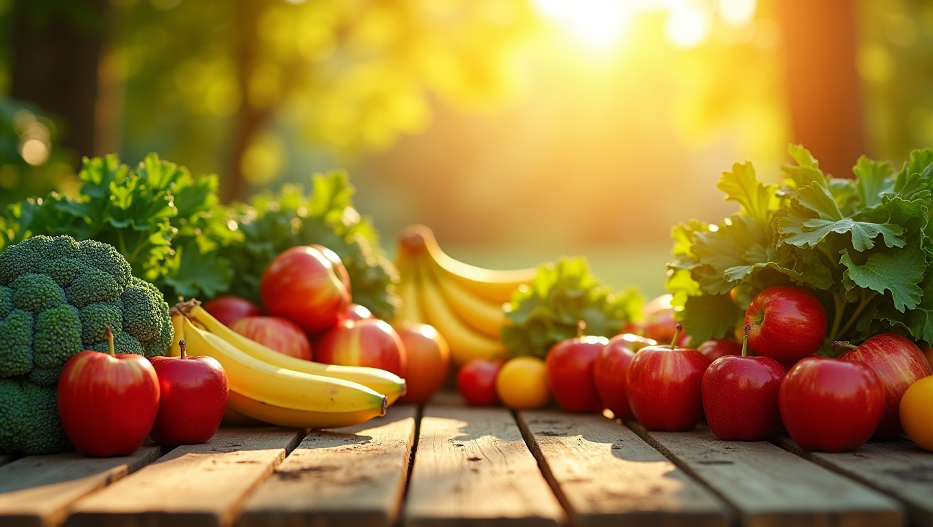 비타민 B가 풍부한 다양한 녹황색채소와 과일들