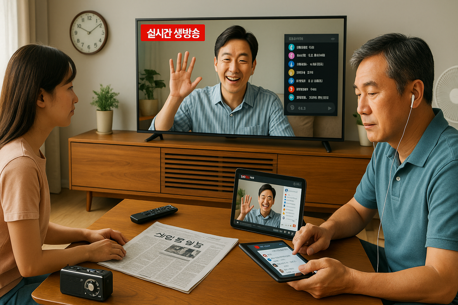 실시간 생방송을 시청하는 가족