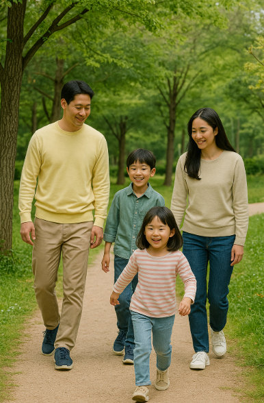 가족이 함께 산책하는 모습