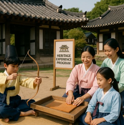 한옥 앞마당에서 활쏘기와 한지 만들기 등 전통문화 체험을 하는 가족