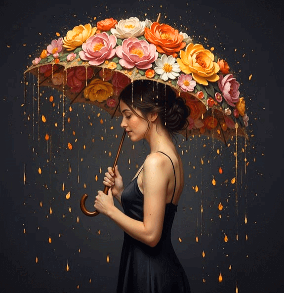 검은색 나시 드레스를 입은 백인여성이 화려한 꽃장식이 가득 달린 큰 우산을 쓰고 서있다.