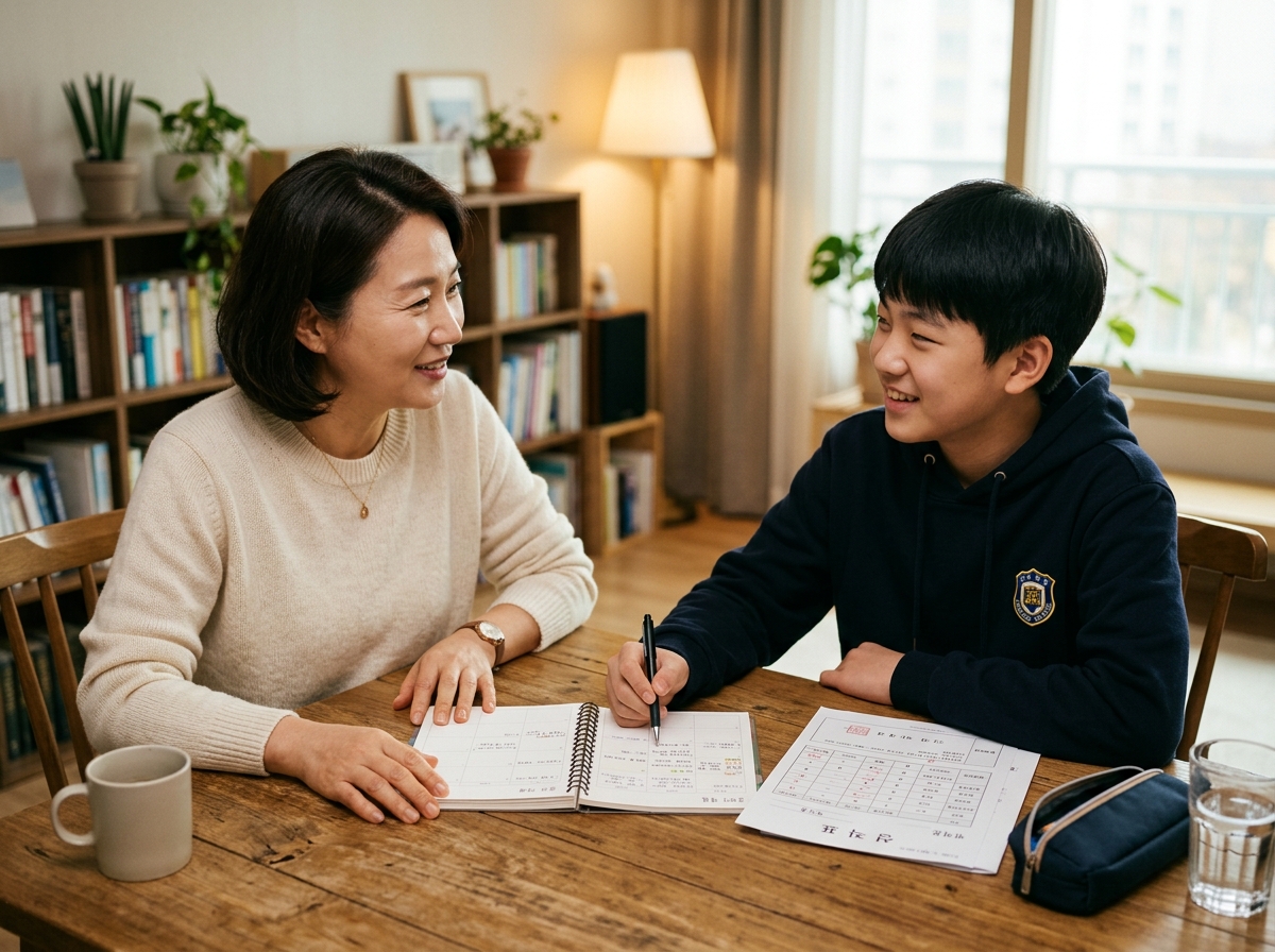 학부모와 학생이 함께 학습 계획과 목표를 논의하는 모습