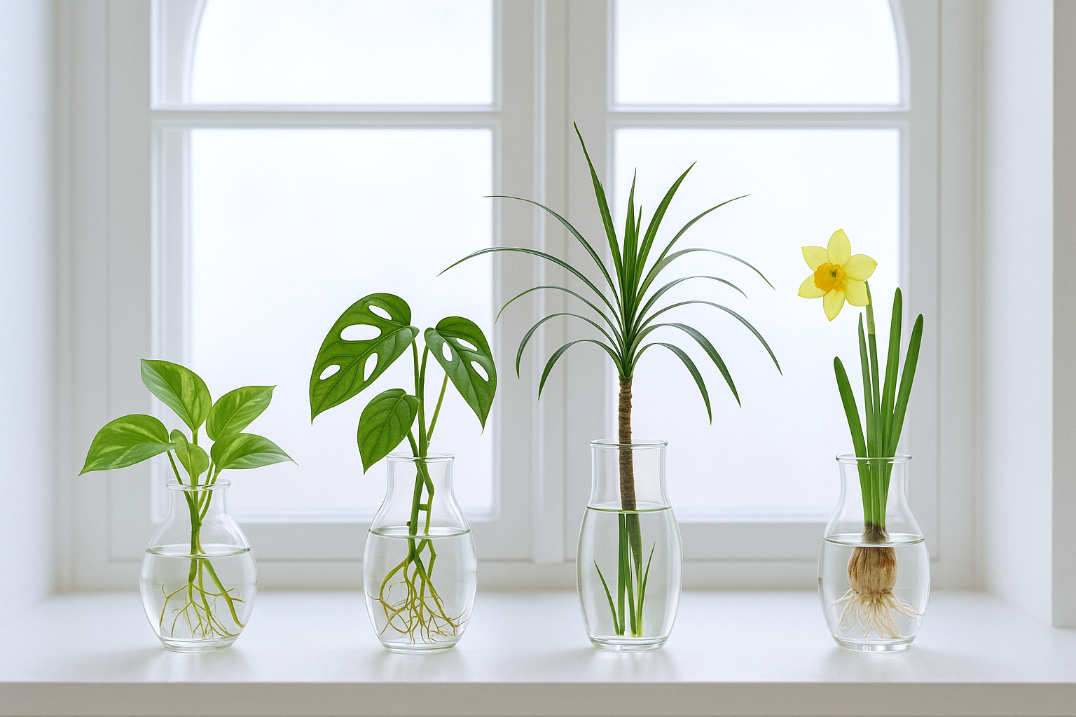 유리병에 담긴 포토스·몬스테라·드라세나·수선화 등 수경식물 인테리어