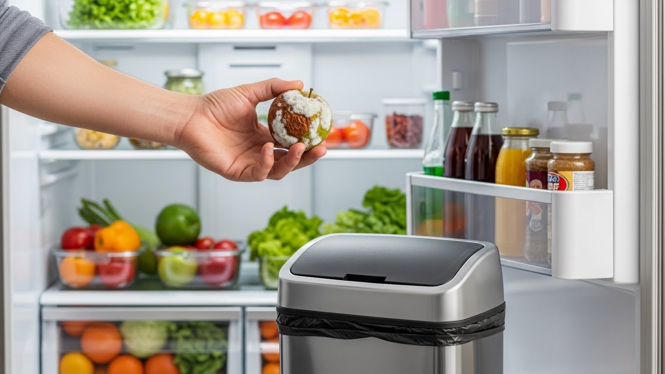 냉장고 앞 쓰레기통