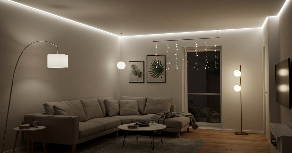 플러그인 조명과 LED 스트립으로 연출한 드릴 없는 아파트 거실 인테리어