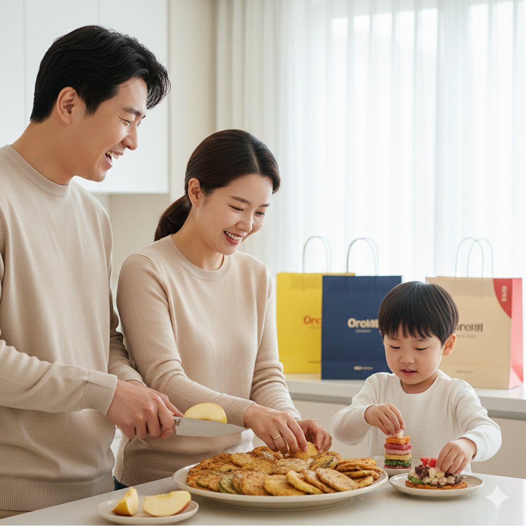 온 가족이 함께 설날 차례상 음식을 간편하게 준비하는 모습. 부모님과 아이가 웃으며 전을 담고 과일을 깎는 등 역할을 분담하고 있다.