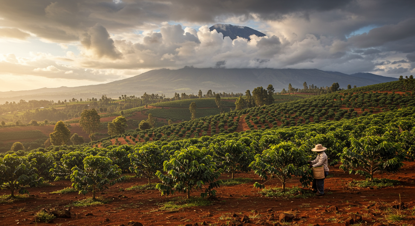 케냐 고지대 화산토에서 재배되는 커피 농장의 아침 풍경