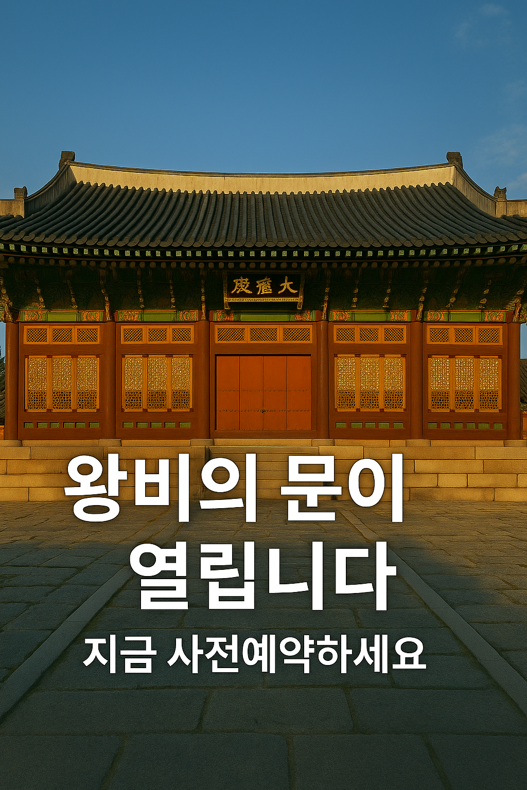 해 질 녘 경복궁 교태전 정면 전경 위에 &lsquo;왕비의 문이 열립니다. 지금 사전예약하세요&rsquo;라는 문구가 중앙에 표시된 썸네일 이미지