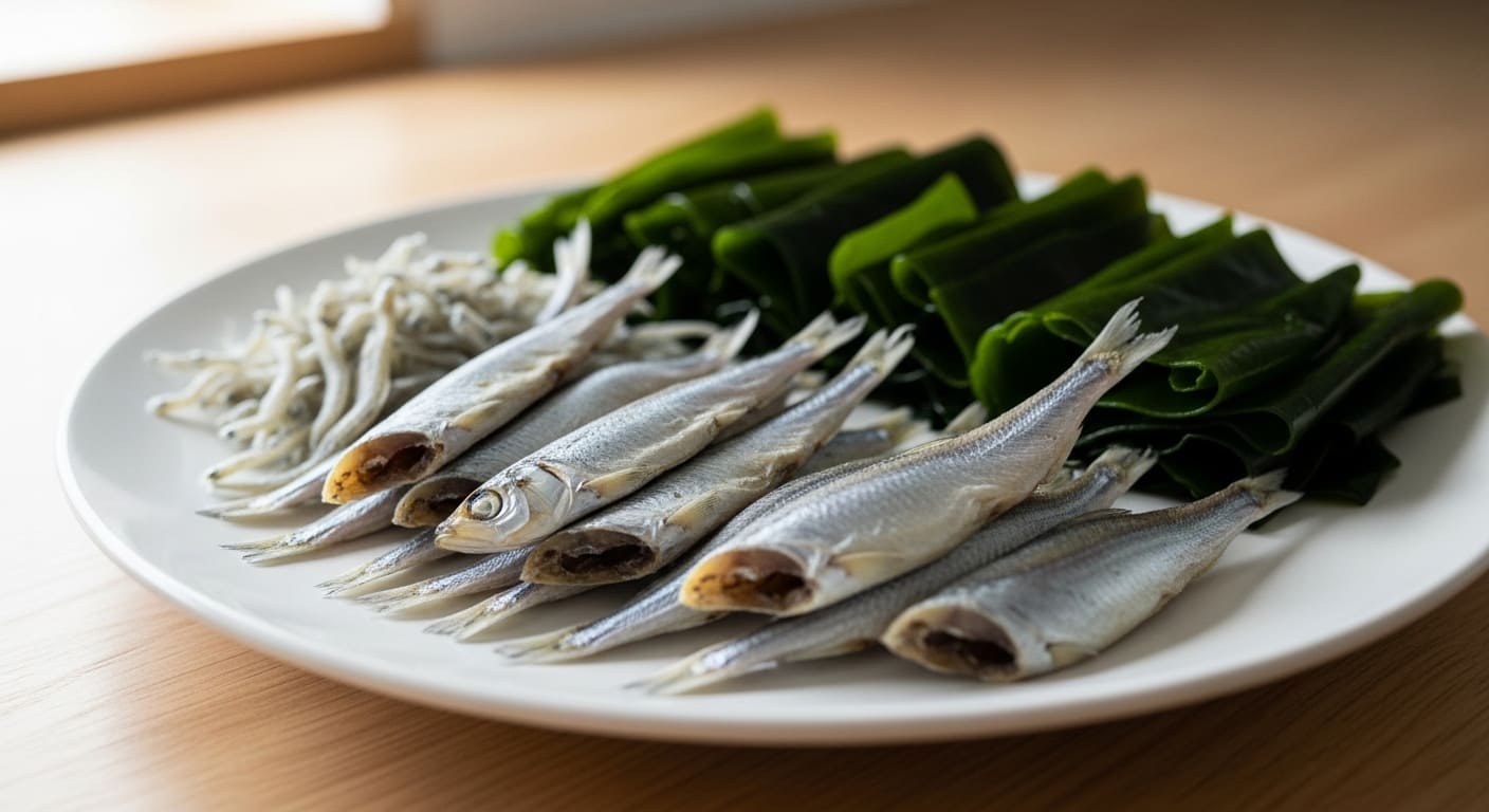 깨끗하게 손질된 다시마와 국물용 멸치 재료가 놓여 있는 모습.