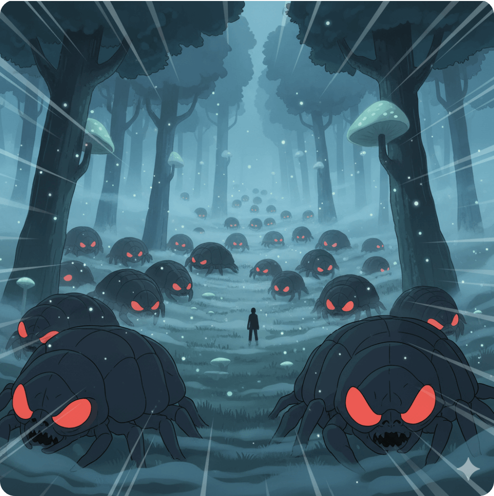 alt=&ldquo;붉게 빛나는 눈을 한 오무 무리가 독성 안개 속에서 돌진하는 장면의 일러스트"