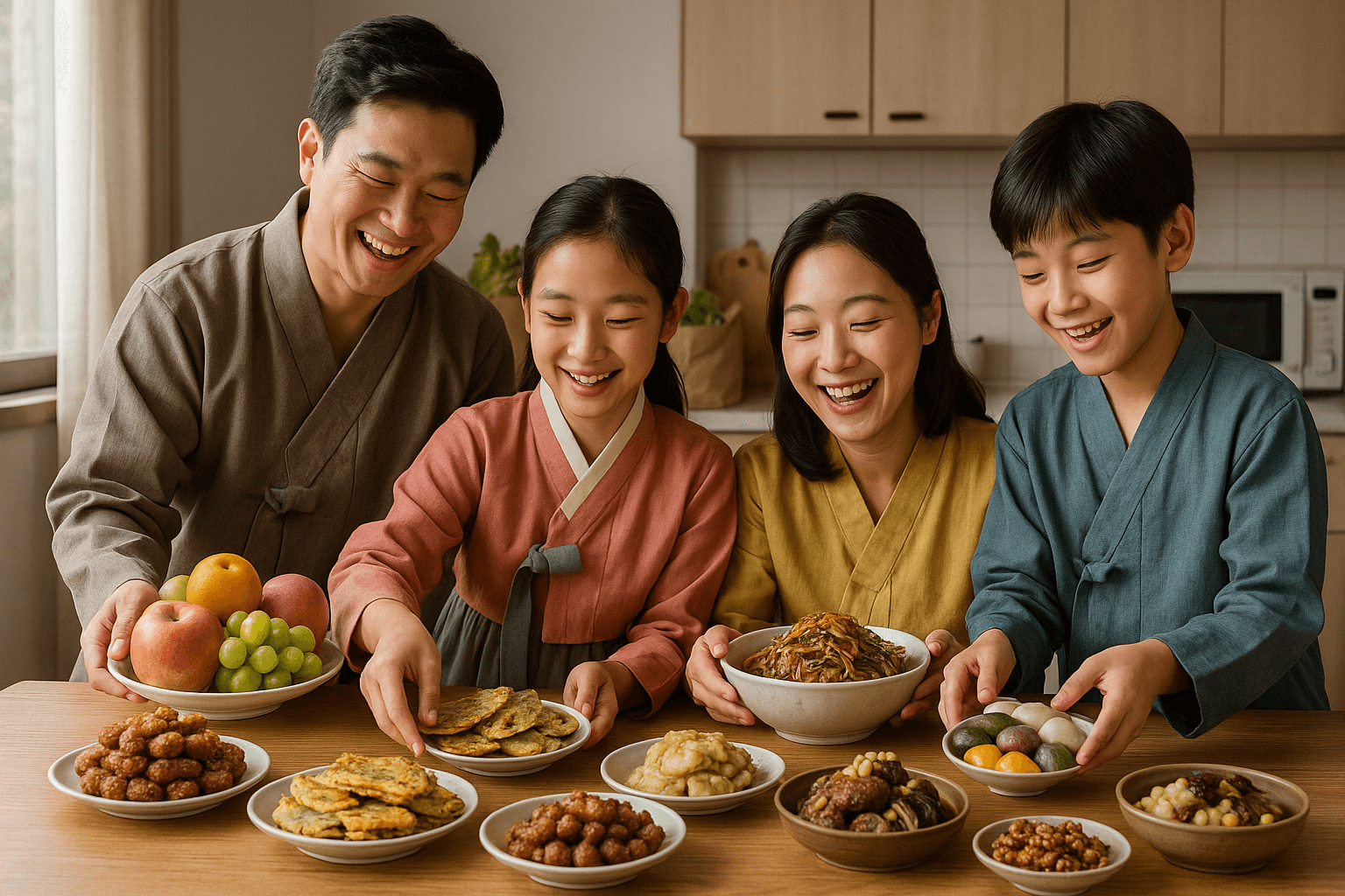 가족이 명절 음식을 준비하며 할인 혜택으로 알뜰하게 장만한 장면 2