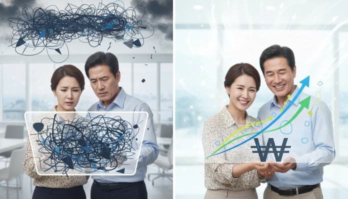 IRP 계좌 운용 전후를 비교하는 이미지: 복잡한 재무 상태에서 벗어나 IRP 전략으로 안정된 노후를 준비하는 4050 한국인 부부의 모습