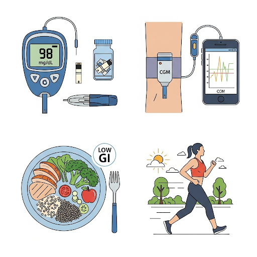 혈당계 이미지와, 당뇨를 예방할 건강한 식단 그리고 규칙적인 운동에 관한 이미지