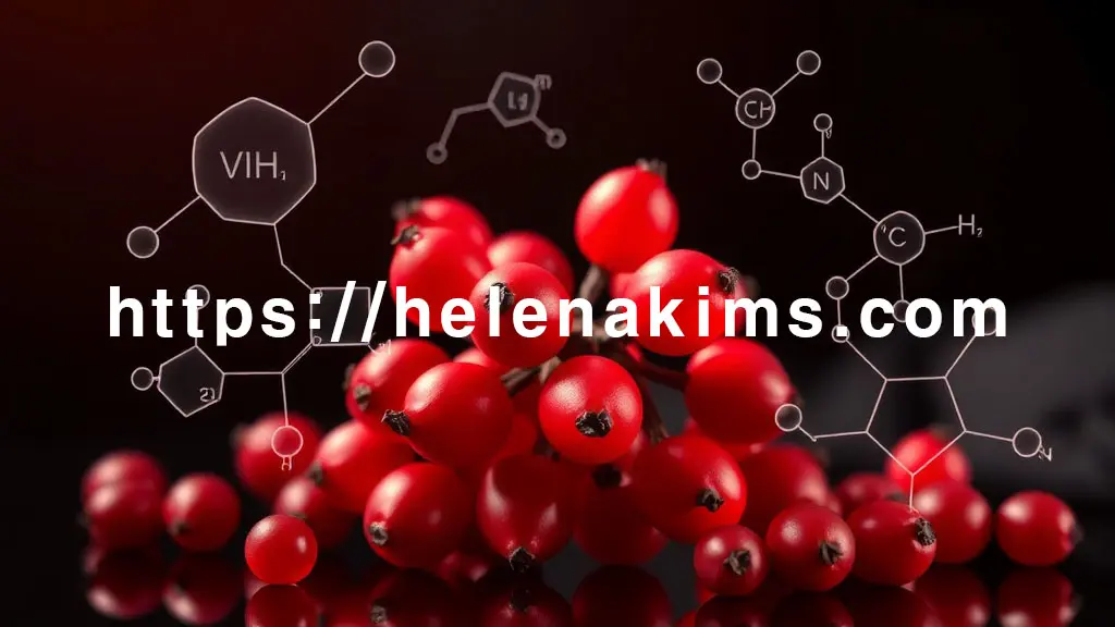 고요한 어둠 속, 빛나는 오미자 열매와 주변을 감싸는 비타민, 아미노산, 리그난 분자 구조의 투명하고 정교한 과학 일러스트 이미지.