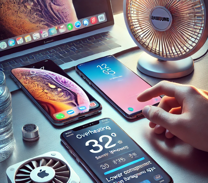 스마트폰 발열 해결책 글의 썸네일, 스마트폰과 미니 선풍기가 이쓴 이미지