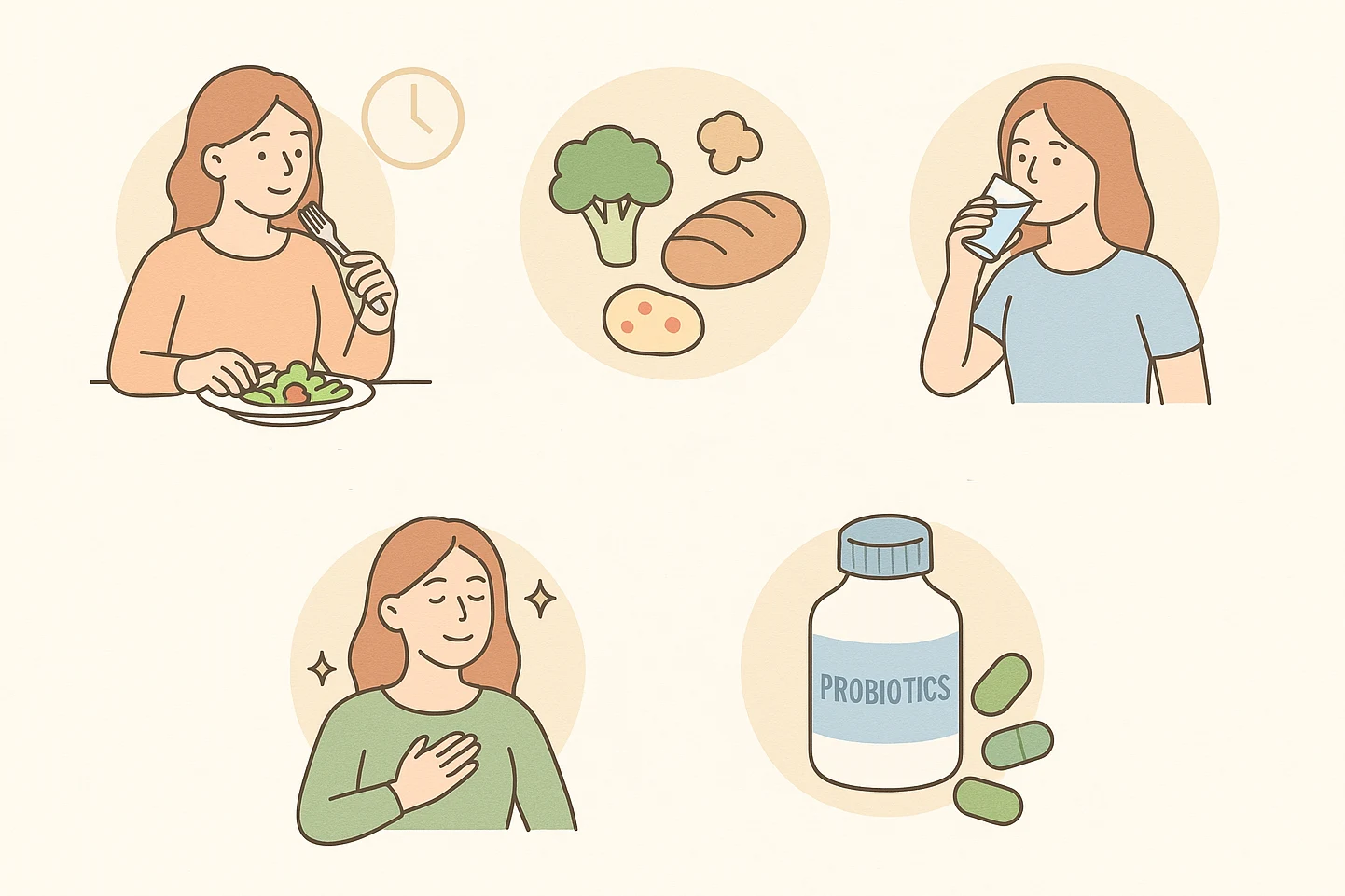 장음 완화를 위한 5가지 습관, 천천히 식사, 가스 유발 식품 관리, 수분 섭취, 스트레스 완화, 프로바이오틱스 섭취