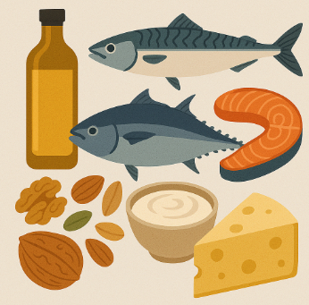 불포화 지방이 포함된 음식. 들기름, 고등어, 참치, 연어, 견과류나 씨앗류, 요거트, 천연 치즈
